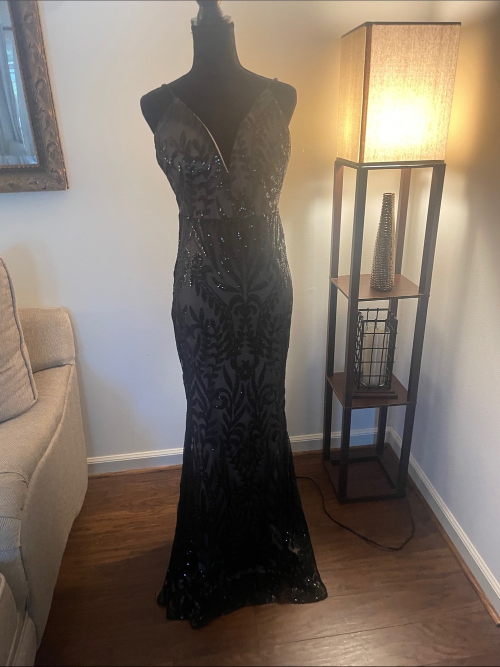 Fashion Nova Black Sequin & Velvet Patterned Evening Gown